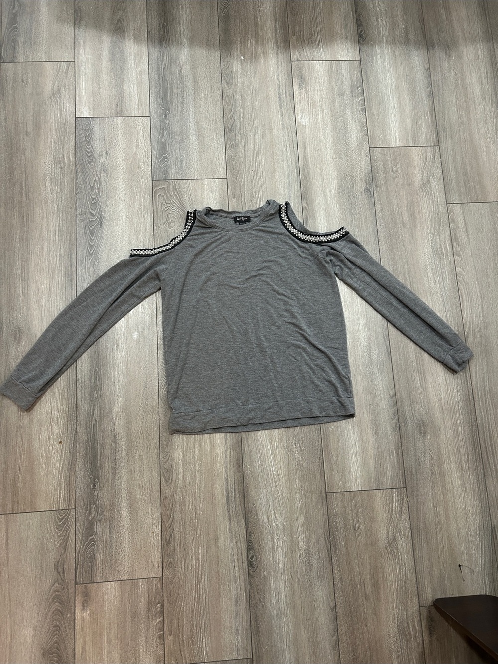 Lord & Taylor Gray Cold-Shoulder Long Sleeve Top with Trim